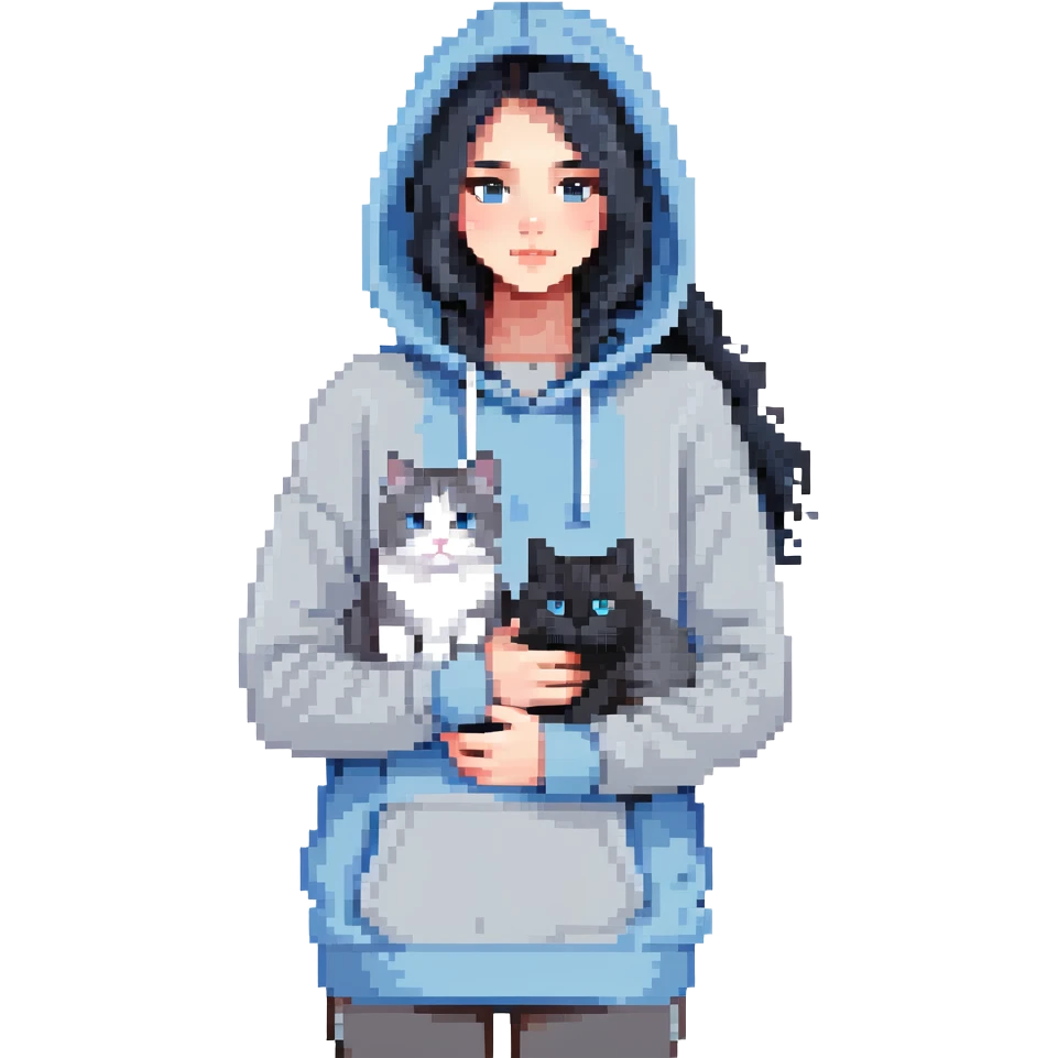Girl with black hair in gray hoodie with a British shorthair blue and white cat and a long-haired blue and white cat emoji