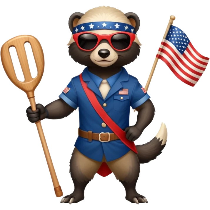 friendly anthropomorphised honey badger in USA Independence Day outfit, wearing sunglasses, holding a club, ready stance emoji