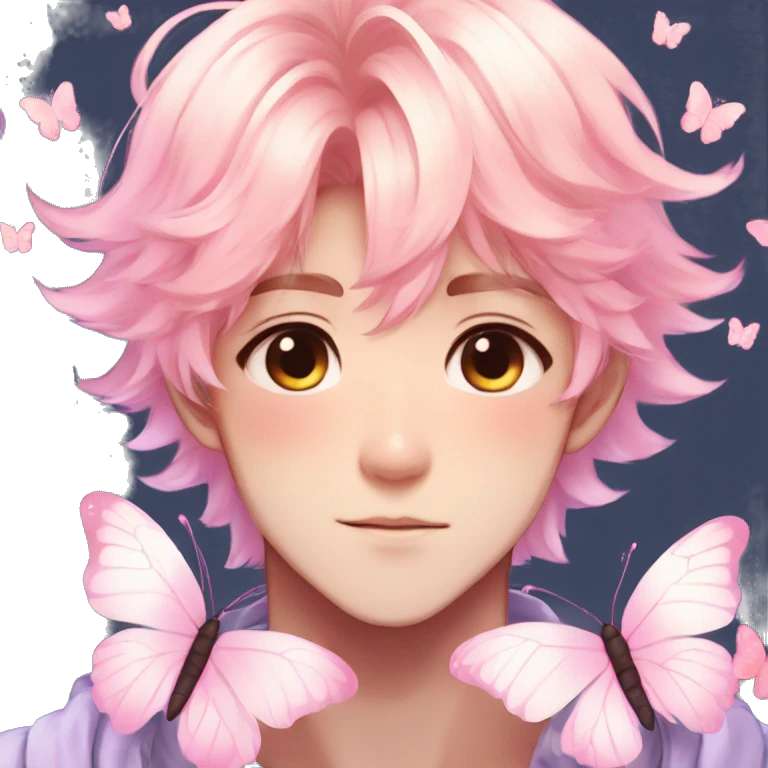 Gorgeous colorful shiny pastel anime style shojo man with blushing face and butterflies aesthetic and pretty hair trending style emoji