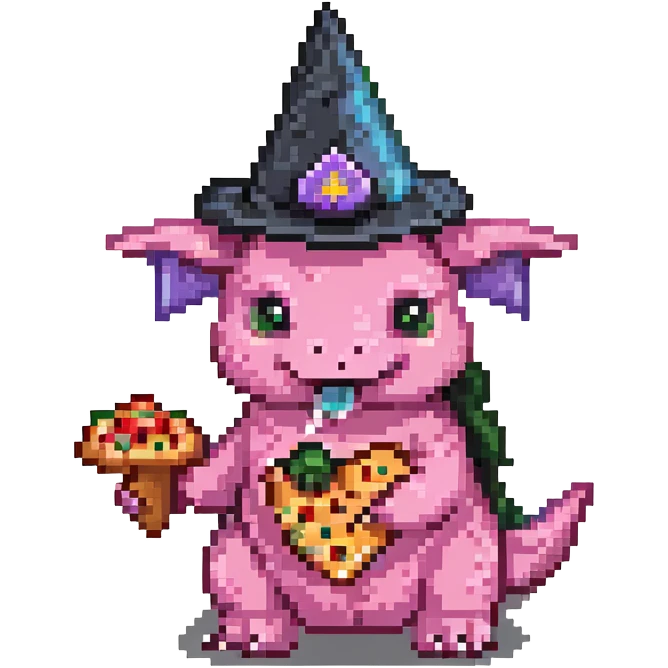 pink triceratops with a wizard hat holding a pepperoni sausage pizza slice emoji