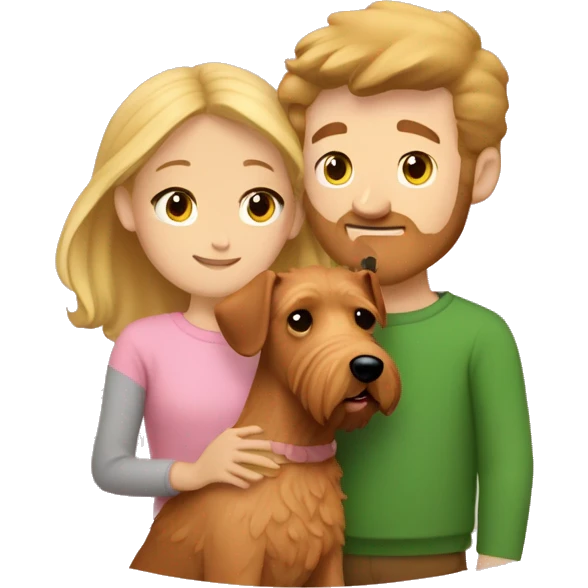 a girl with blond hair in a beige sweater and a guy with light brown hair in a pink t-shirt hug an Irish terrier emoji