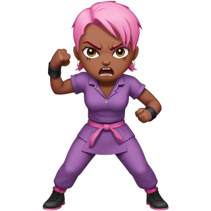 full body angry feminist with half bald head and half pink hair, extremely angry facial expression, fists clenched, aggressive stance emoji