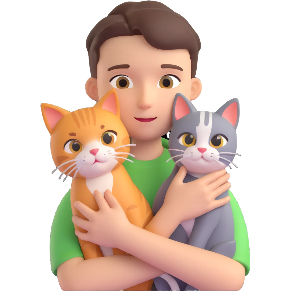 boy and cat pet in forrest background, close up pose emoji