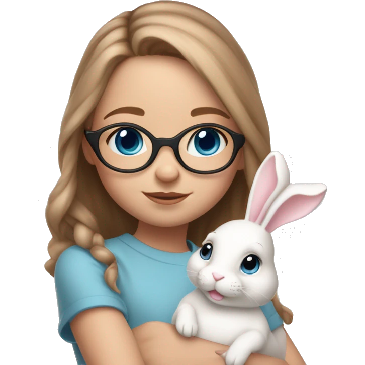 9 year old girl. Blue eyes. Light brown medium length hair. Fair skin. Blue eyes. Glasses. Freckles on nose. Light pink lips. Holding white bunny emoji
