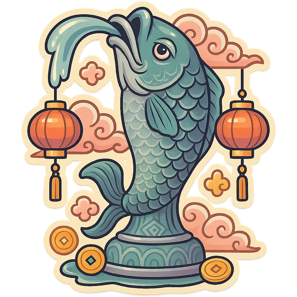 elongated vertical fountain shaped like a serious fish with a water stream flowing from its mouth, retro-stickers style, eastern decor with patterns, clouds, coins, lanterns, detailed drawing with shadows and highlights, thin clean contours, soft rounded shapes, pastel palette #98B5BC, #B5B3C1, #C9A3C9, #E4C0CA, #F7DCD1, #F7C0AA, modern Japanese pop art, soft lighting, transparent background emoji