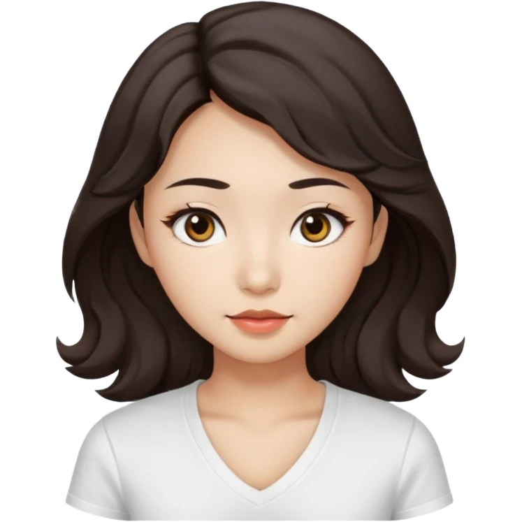 iOS style emoji. A girl with very long dark brown wavy hair. And the eyes color is dark brown. And she is wearing white t shirt with V kneck. And she is 30. She is Asian with double eyelids  emoji