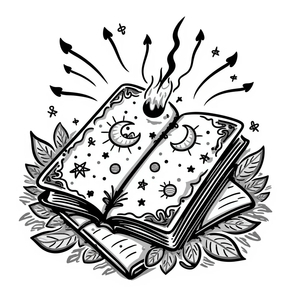 Магическая закрытая книга  — декоративная обложка с таинственными символами, лунами, звёздами и алхимическими знаками. Обложка украшена винтажными завитками,  таинственным сиянием. Книга выглядит древней, излучает мистический свет, лежит на фоне магических узоров и рунических орнаментов. emoji