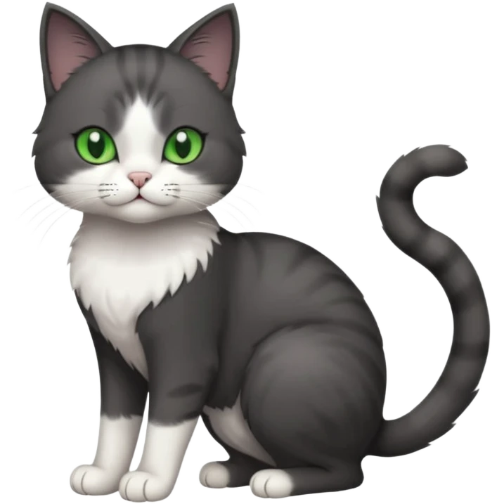 full body view of beautiful female solid dark grey cat with green eyes, white toes/paws and white patch on her chest emoji