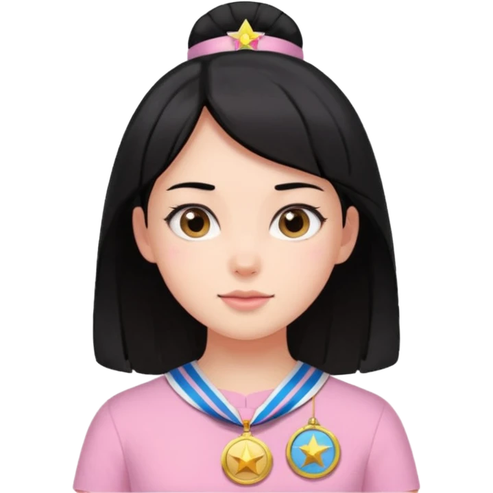 black haired girl wearing pastel pink with medals emoji