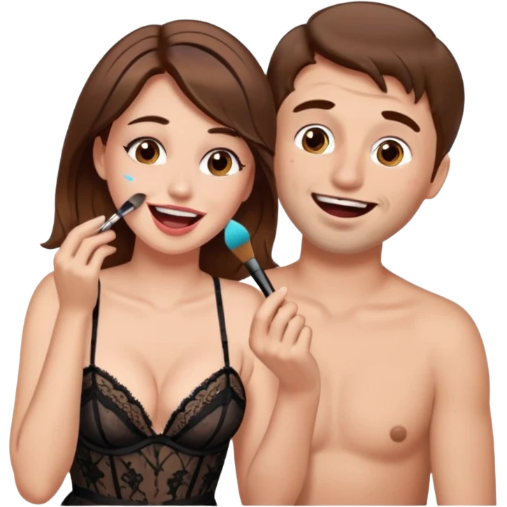 brown hair male getting sissified in lingerie dress by his wife. the wife is crying with laughter. she is doing makeup emoji