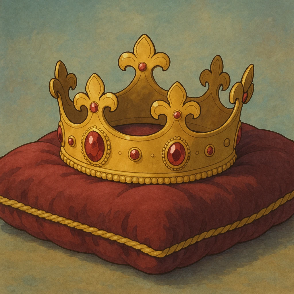 golden crown with rubies lying on a velvet pillow with golden edges emoji