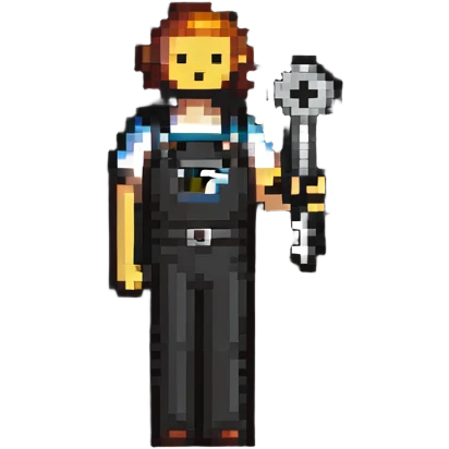 Technical pixel art badge with colorful stick figure holding car tool key emoji
