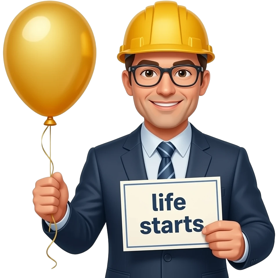 Sales manager in construction company, white, male, 40 birtday wishes, balloon, note life starts emoji