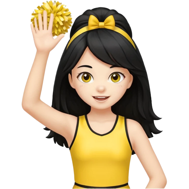 A long black hair teen girl waving pom-poms, eyes sparkling with excitement, yellow cheer leader top emoji
