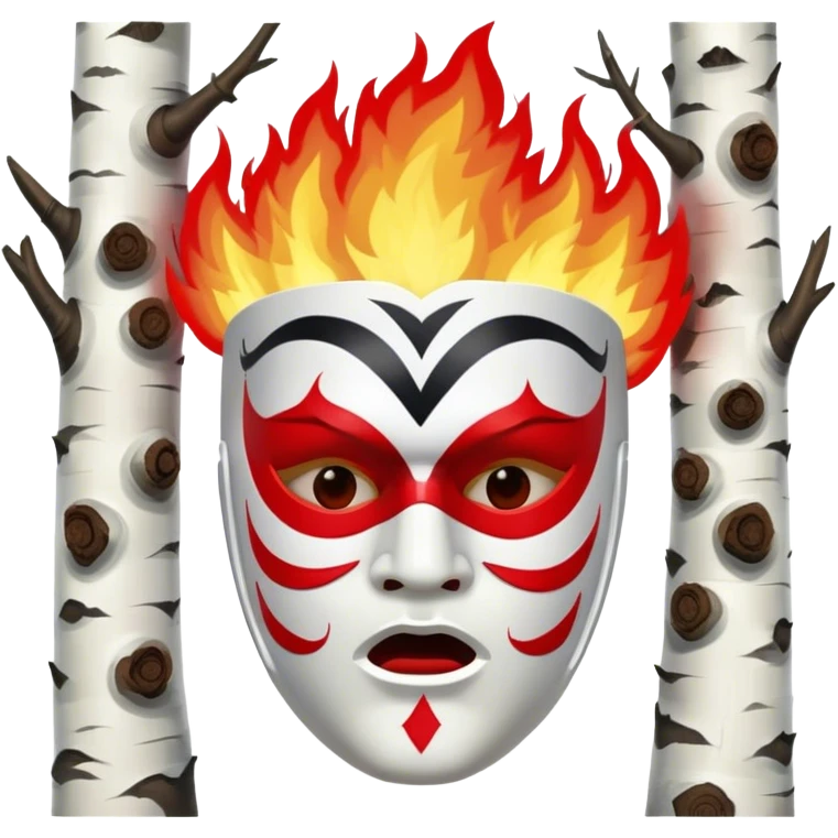 birch tree male mask in kokoshnik expressing anger, white, black and red palette, the texture has black marks, red fire at the top emoji