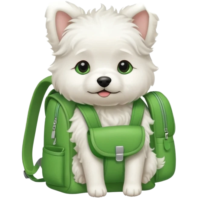 baby white dog wear green backpack emoji