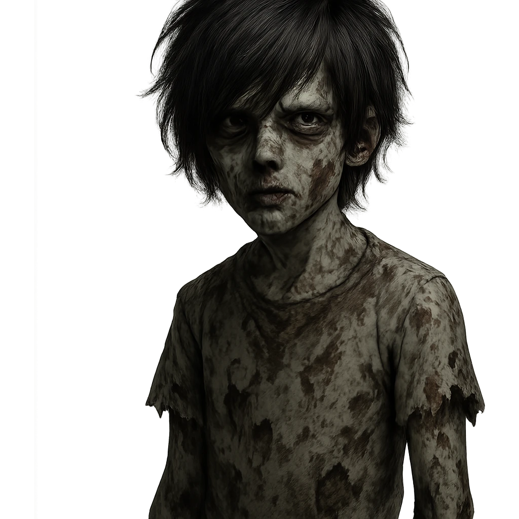 creepy boy zombie, black shaggy emo hair, medium long, dark and haunting expression emoji
