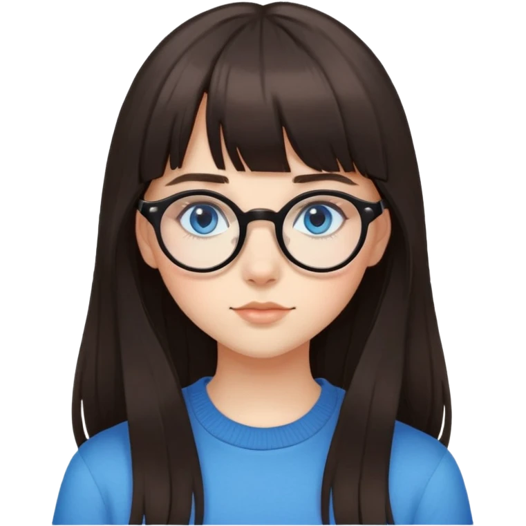 teenage girl with long dark brown hair, bangs, blue eyes, round glasses with thin black frames emoji
