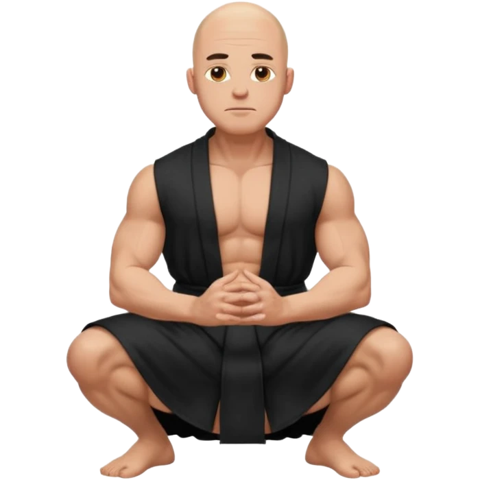 fullbody jacked bald guy, sleeveless and unbuttoned in black robe sitting hands on knees emoji