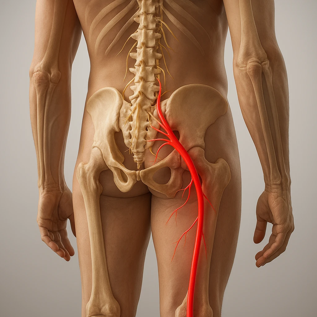 Hyperrealistic anatomical view of sciatica: human body seen from behind, visible spine, bones, and nerves, sciatic nerve highlighted in red starting from the lumbar area and descending along the left leg, clear anatomical details, neutral background, 4K quality. emoji
