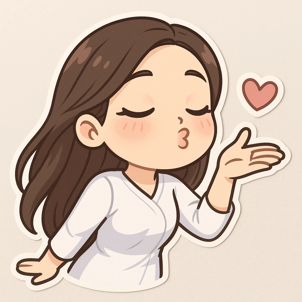 3D bitmoji chibi sticker of the girl from the reference, expressive face and eyes, long brown hair, reaching toward the viewer and kissing with closed eyes. emoji