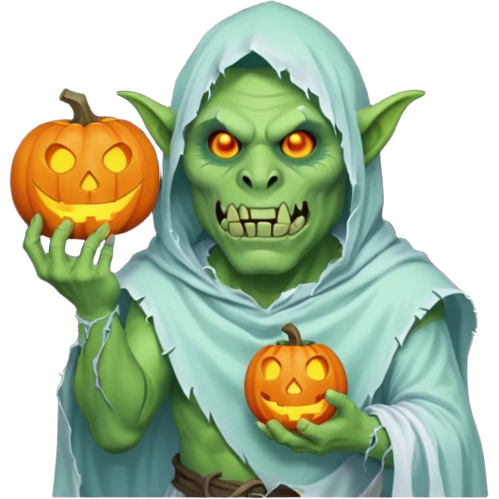 male orc ghost emoji, green skin, tusks, wearing torn white ghost sheet costume, holding glowing jack-o'-lantern, faint blue aura, friendly but spooky expression, Halloween fantasy theme, Apple emoji style, clean white background, square emoji