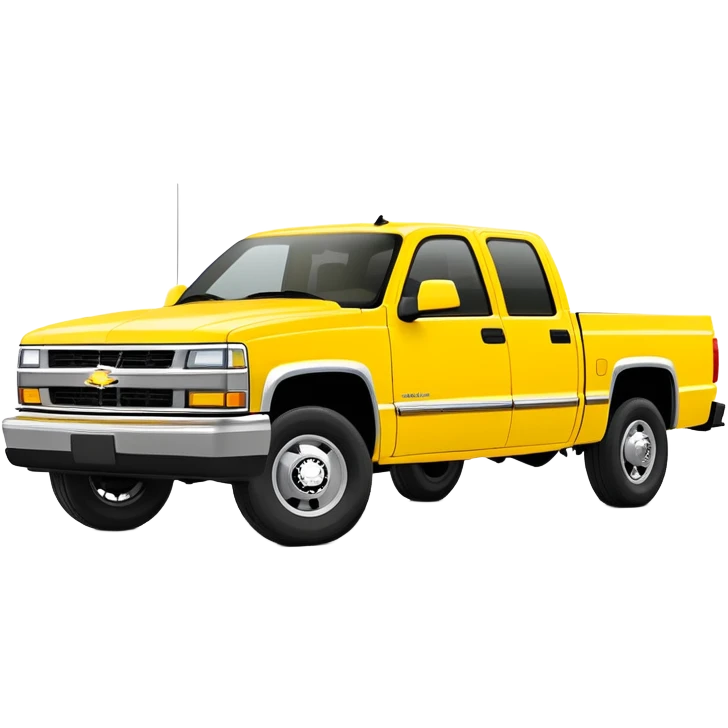 Simplified bright yellow 1997 Chevrolet C-2500 Crew Cab Silverado from Kill Bill, 30-degree angle, four-door pickup truck, minimal details, vibrant yellow color, iOS emoji style emoji