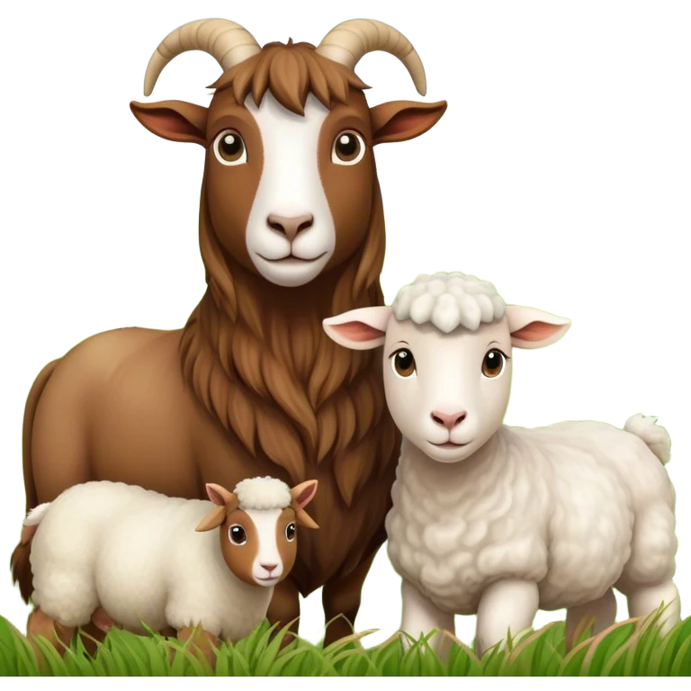 Icon for Domestic Hooved Animals: A gentle collage featuring a brown goat with large, curious eyes, a calm sheep with soft wool, and a majestic horse with a flowing mane. Background with a green pasture and a few hay bales. Transparent background. emoji