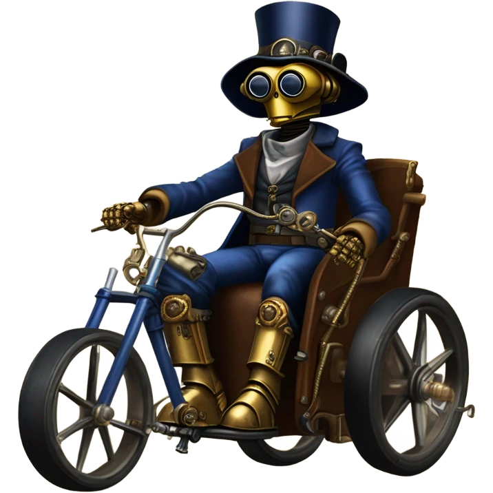 Old west Bounty hunter C-3PO wearing a pair of navy-blue rimmed steampunk goggles, hat, leather chaps, fringe jacket riding a relaxed 3 wheeler trike steampunk rat rod motorcycle in desert town  emoji