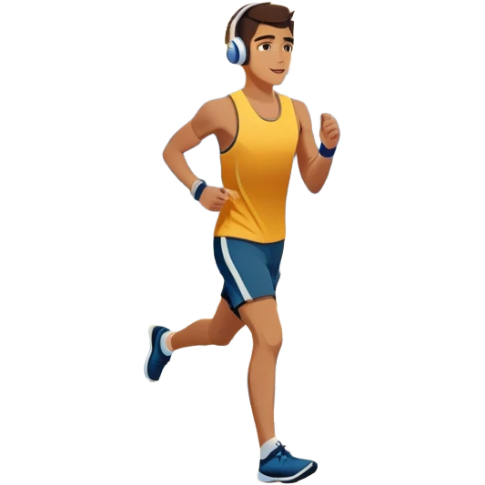A runner wearing sports headphones jogs along a scenic waterfront promenade. The path is lined with trees, and the calm water reflects the golden hues of sunrise. In the background, a city skyline and distant mountains create a picturesque view. Transparent background enhances the motion. emoji