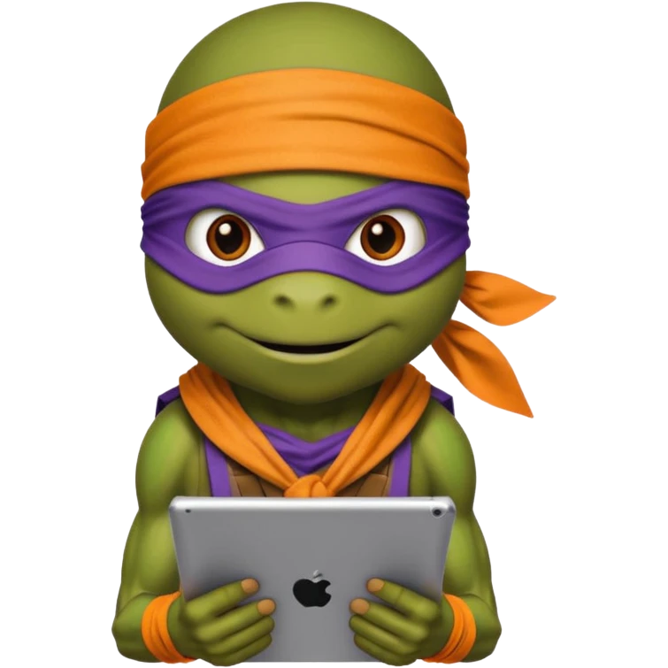 Donatello from Teenage Mutant Ninja Turtles, emoji style, using a tablet with a hacking screen and a bandana, with an orange hacking interface on the screen emoji
