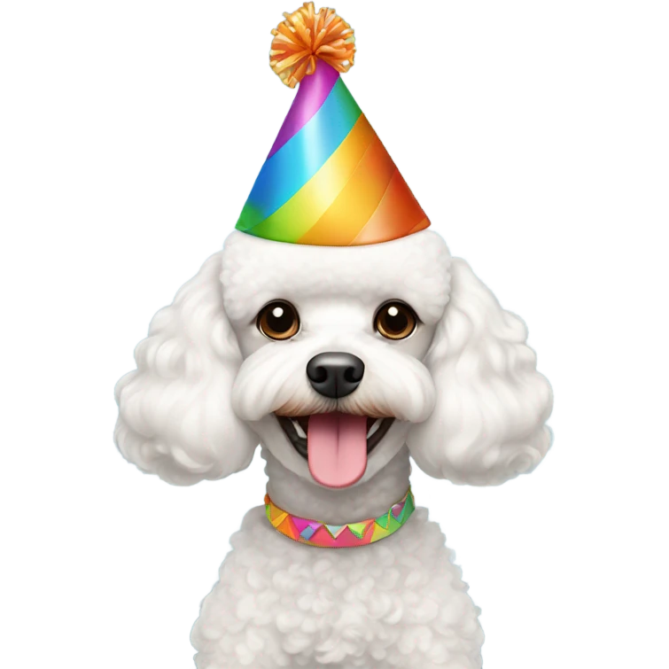 White male Toy poodle wearing birthday hat emoji