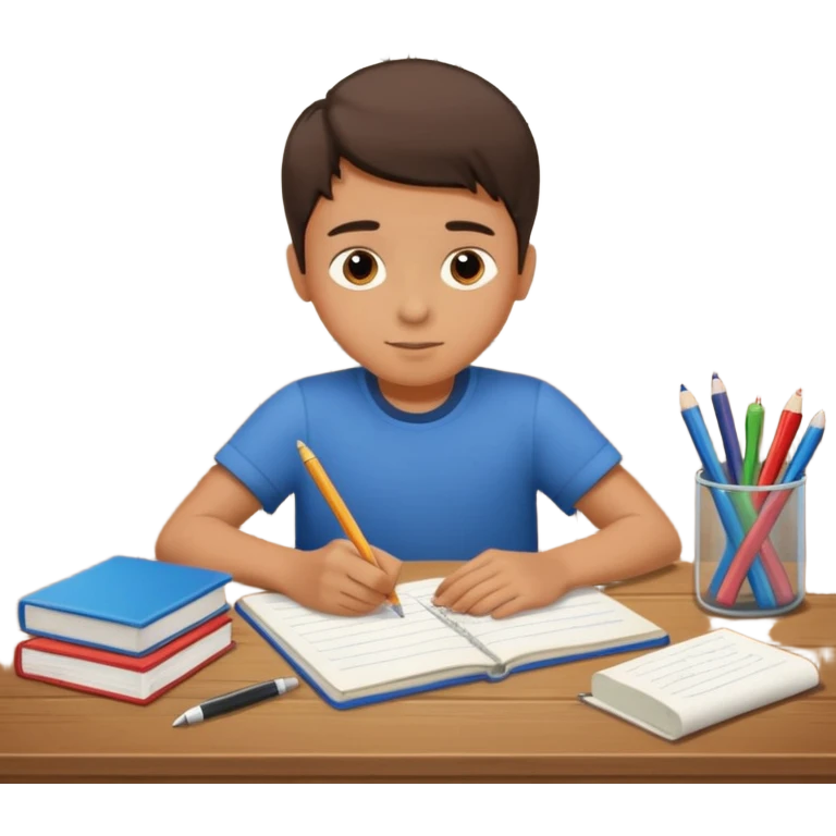 un niño escribiendo en un cuaderno en una mesa con muchas hojas y cuadernos al lado. emoji