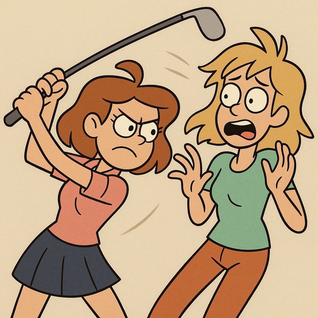 a girl swinging a golf club at another girl, energetic pose, comic style emoji