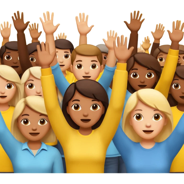 A 3D cartoon crowd raising hands in a concert-like protest, yellow backlight, energetic mood, Memoji-style. emoji