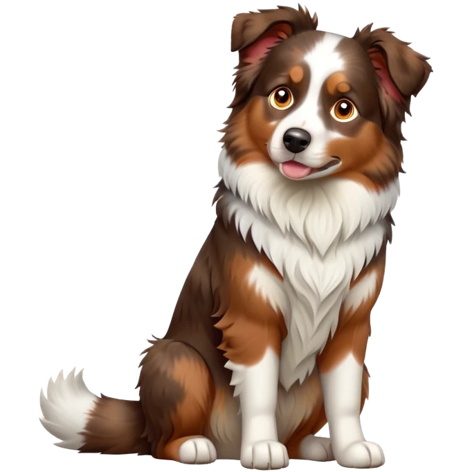 cinematic-[australian shepherd dog]-realistic-full-body-sitting-emoji,-tail-resting-loosely-beside-its-paws,-head-tilted-dramatically,-scruffy-[white and red merle]-fur,-simplified-yet-realistic-focused-features,-highly-detailed,-glowing-with-an-almost-sarcastic-glow emoji