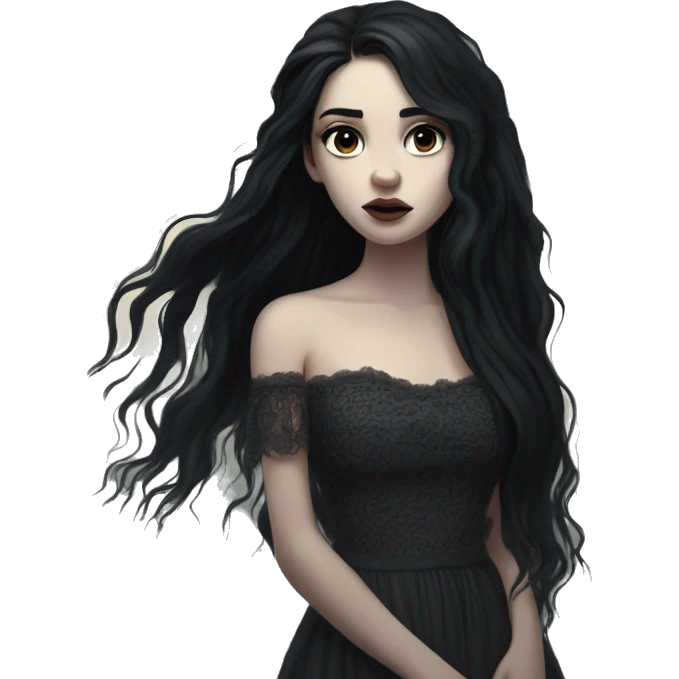 Dramatic girl  very pale with dark lighting  with black hair  in river with very very long lace dress  black long hair flying in the wind sad face  white eyes emoji