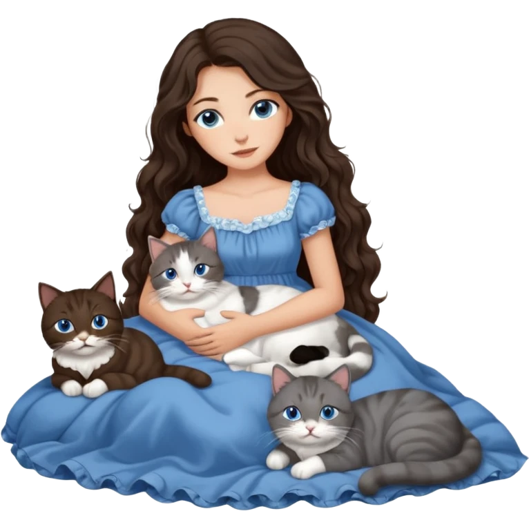 detailed realistic looking a dark grey and white cat regally laying with six other cats, cuddling with their owner in bed who is a pretty bratz lightly tanned white girl with long dark brown hair, blue eyes and gorgeous long wavy hair wearing a pretty detailed dress emoji