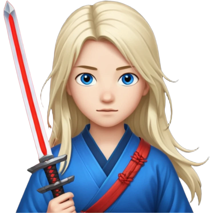 A 14 year old with red glowing katana and his hair be long and eye colour of blue with beautiful background emoji