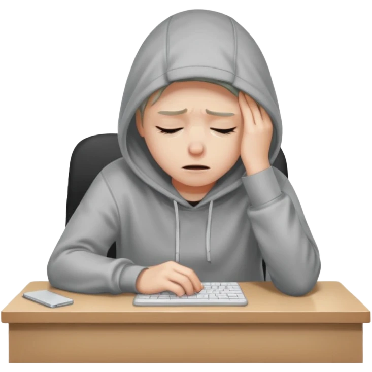 A person wearing a hoodie experiencing burnout, exhausted and overwhelmed, tired eyes, slumped posture, sitting at a desk, iOS emoji style emoji