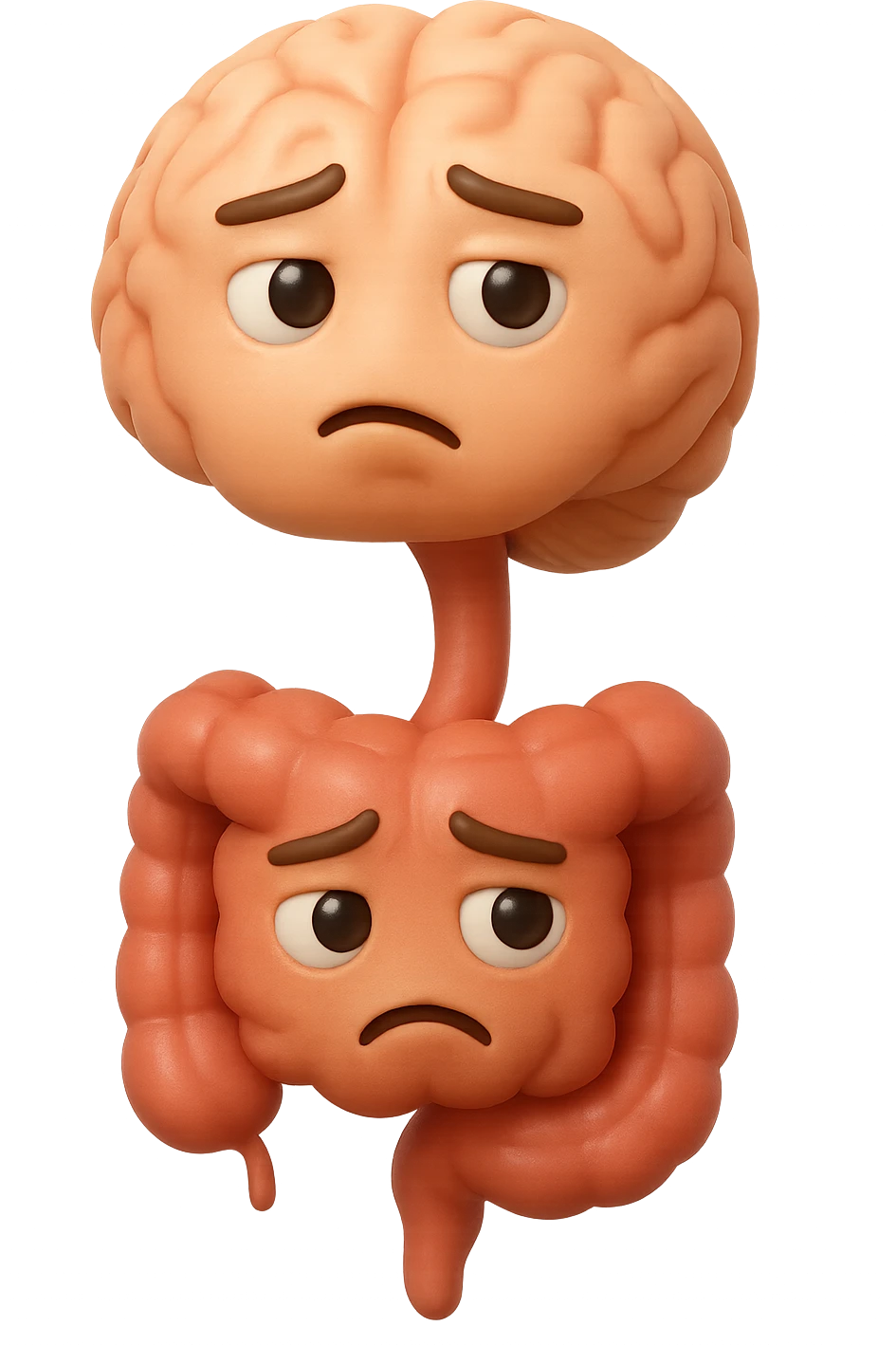 EMOJI STILE IPHONE 3D DI cervello e intestino umani collegati verticalmente con espressione dubbiosa in volto E FALLO MOLTO REALISTICO IN 3D emoji