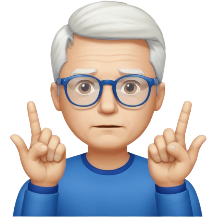 man wearing blue glasses, white hair, finger crossed emoji