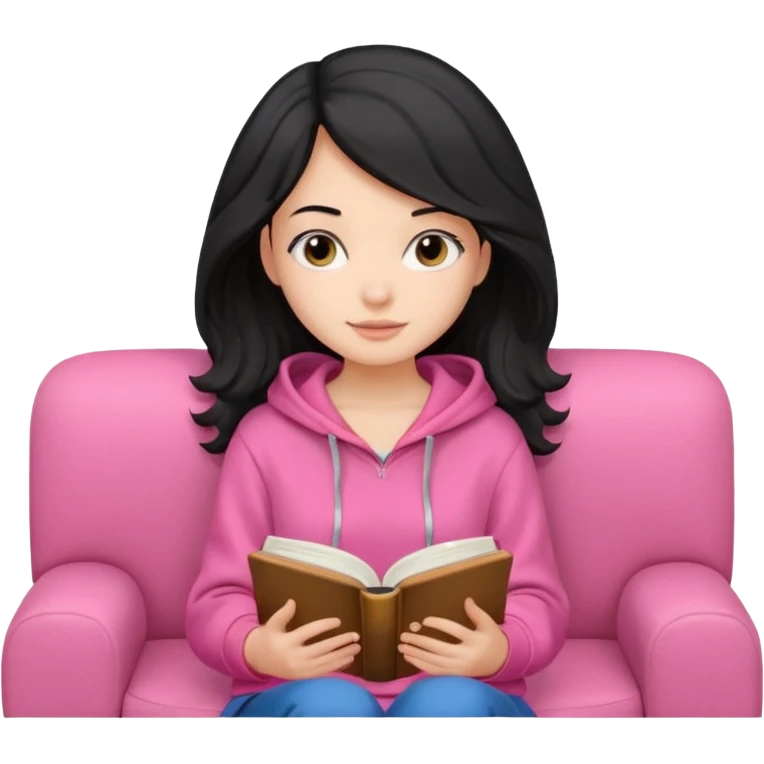 Una chica linda de cabello negro con ondas hasta los hombros de piel blanca con una sudadera rosa en un sofá cómodo y hermoso leyendo la biblia emoji