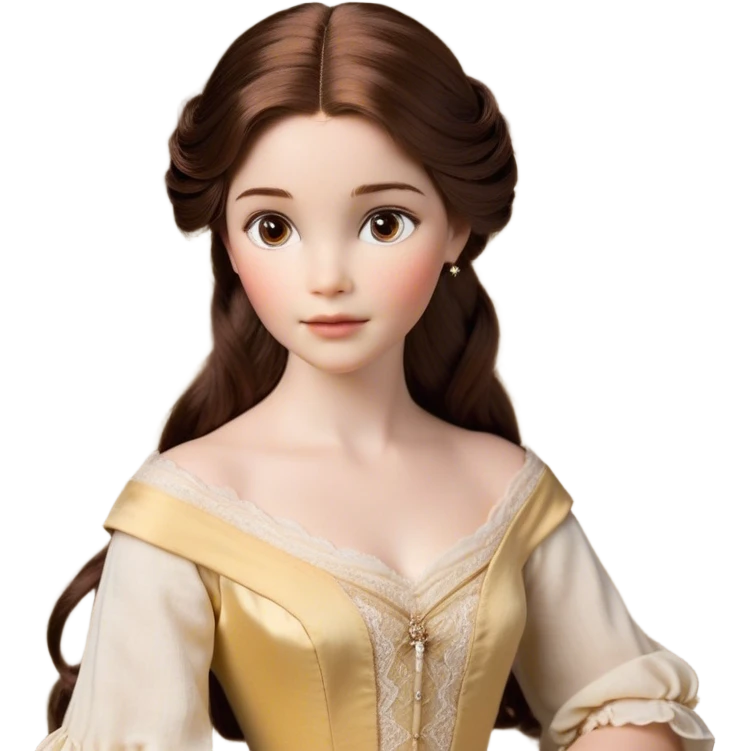 Cinematic Realistic Belle Portrait, depicted with lifelike skin texture, soft natural lighting, and intricately detailed brown hair styled elegantly. Her deep, expressive eyes exude warmth and intelligence, complemented by a serene and graceful expression. She is dressed in her classic attire, with rich fabric textures and delicate folds that catch the light beautifully. The portrait features a soft, enchanting glow with a natural, radiant finish, capturing the essence of timeless beauty in a realistic and painterly style, evoking a sense of depth and authenticity. emoji