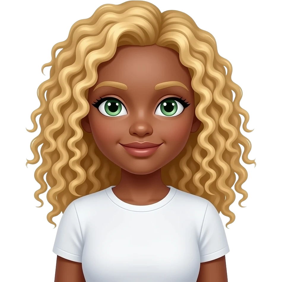 Делай тёмно кожу блондинку с кудрявыми волосами и с зелёными глазами в футболке скимс с белым цветом emoji