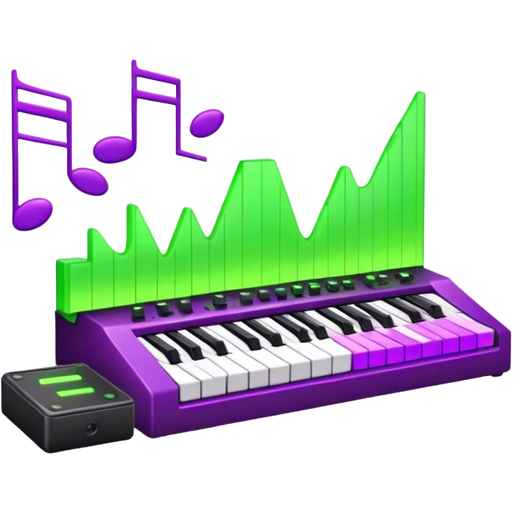 Create a creative and technical emoji that represents sound design. The design should feature a sound waveform, a synthesizer or soundboard, and audio editing software icons to symbolize the creation and manipulation of sound. Add elements like a sound effects pedal or speaker to reflect the various tools used in sound design. Use colors like neon green, purple, and blue to convey creativity and innovation. The background should be transparent. emoji
