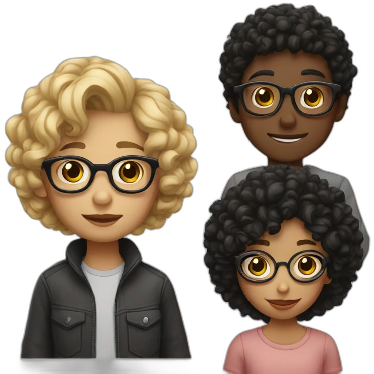 Boy with curly blonde hair and glasses kissing girl with wavy black hair and glasses emoji
