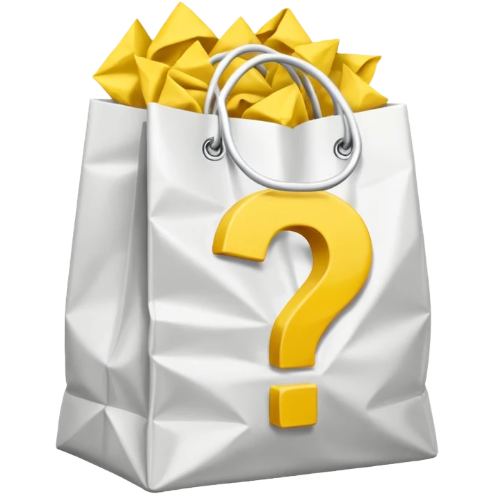 crumbled white goodiebag with yellow questions mark boxes stuffed in it emoji