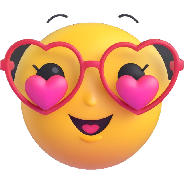 3D smiley emoji, large eyelashes, girly, heart-shaped glasses, blowing a kiss emoji