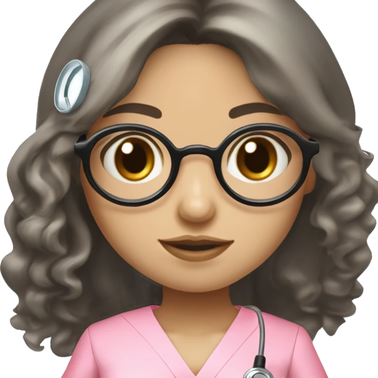 PrettyAian girl (beige white skin tone and big eyes) with circle silver glasses, hair bang and wavy long black hair , wearing a pink nurse uniform (scrub) with a stethoscope emoji